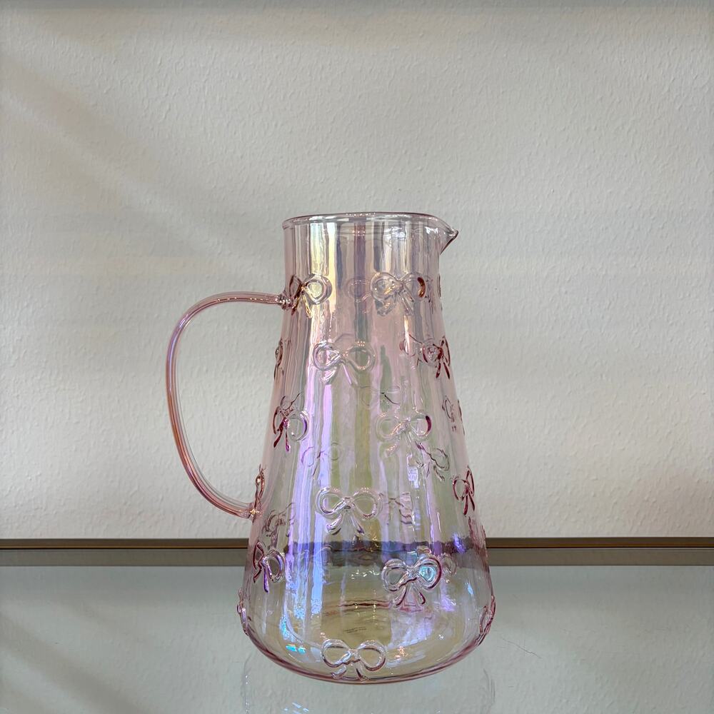 BellaLux Embossed Bow PINK Luster Glass Pitcher 9.25in Chic Barware NEW - Picture 2 of 11